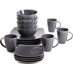 a set of gray dishes and cups on a white background