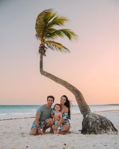 a man, woman and child sitting under a palm tree on the beach at sunset