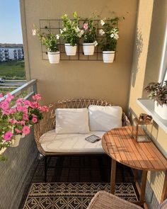 the balcony is decorated with flowers and plants