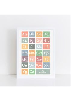 an alphabet print with letters and numbers in pastel colors on a white background is shown