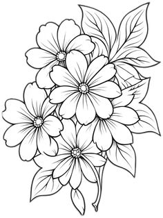 a bouquet of flowers with leaves and petals on the stems is outlined in black and white