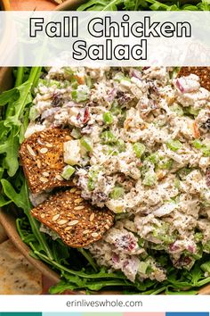 a bowl full of chicken salad with crackers on the side and text overlay that reads fall chicken salad