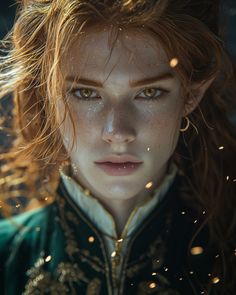 a woman with freckles on her hair is staring at the camera while she's wearing a green coat