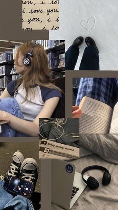 a collage of photos with books and headphones