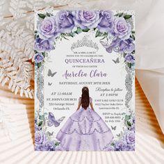 a princess themed birthday party with purple roses and butterflies on the front, along with an envelope