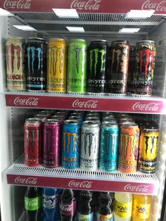 a refrigerator filled with lots of different types of sodas