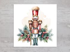 a watercolor painting of a nutcracker with holly wreaths