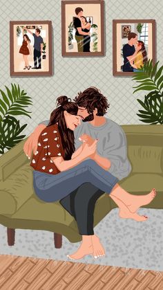 a man and woman are sitting on a couch in the living room, hugging each other