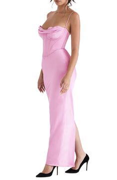 Be the highlight of every glam event in this stunning corset dress cut from silky satin in a curvaceous silhouette for an elegantly seductive look. Exclusive retailer 59 1/2" length Cowl neck Spaghetti straps Polyester/elastane Dry clean Imported House Of Cb Charmaine, Wedding Champagne Bar, Corset Midi Dress, Pink Corset, Long Bodycon Dress, Tassels Fashion, Maxi Dress Prom, Cowl Neckline, House Of Cb