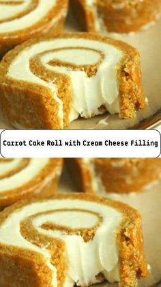 carrot cake roll with cream cheese filling is shown in three different pictures, one has been cut into pieces