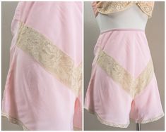 This is a fun pair of 40s pink rayon tap pants. Over the front there is a V-ed lace panel and the legs are flowy with fluttery leg openings trimmed in tiny lace. The tap pants have an elastic waistband with a higher rise and a hem that falls at the top of the thighs.  Condition: The shorts are in great condition with no flaws to note. They have been professionally hand laundered and are ready to wear.  Measurements Waist: 24"-28" Hips: up to 40" Length: 14" Rise: 18" Inseam: 2" The measurements provided are the max for the garment.   Please check the measurements closely for determining fit. I do not give sizes for vintage items as women's sizes are not standardized and a majority of these dresses were homemade or specialty-made to fit one person. If you have any questions about the fit fe Tap Pants, Womens Lingerie, Lace Panelled, Women Lingerie, Elastic Waist, Ready To Wear, Bathing Beauties, Lingerie, Elastic