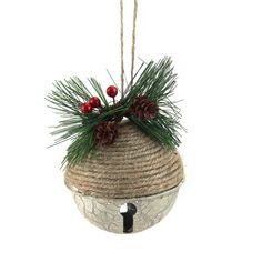 a hanging ornament with pine cones and berries