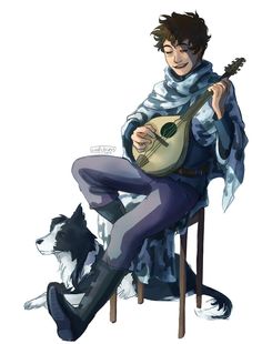 a man sitting on top of a chair holding a guitar next to a husky dog