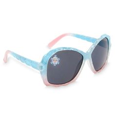 a pair of sunglasses with flowers on the side and blue frames, one has pink trim