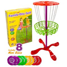 the family disc golf set includes 8 mini discs and an assortment of games for kids to play with