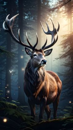 a deer with antlers standing in the middle of a forest at night, surrounded by fairy lights