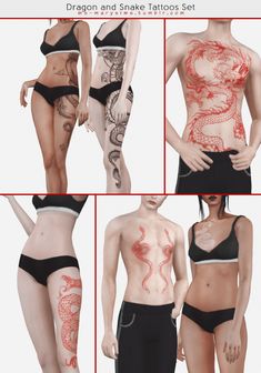 four different images of women with dragon tattoos on their stomachs and back, from top to bottom