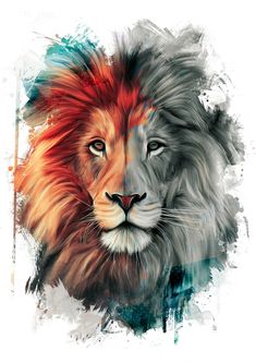 a painting of a lion with red and blue hair