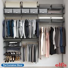 an organized closet with clothes and shoes