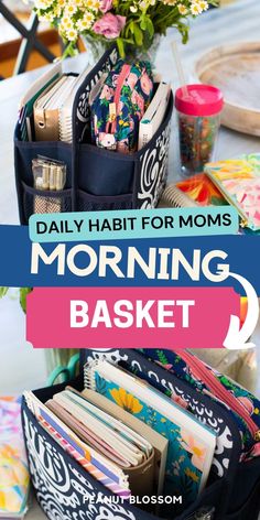 an image of a purse with the words daily habit for moms morning basket on it