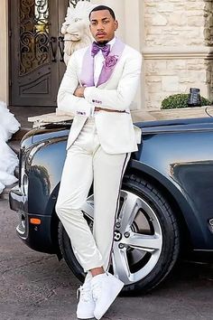 Maggie White One Button Men Suits With Lavender Shawl Lapel Best Fitted Wedding Turtleneck Suit, Purple Tuxedo, White Tux, White Shawl, Prom Suits, White Turtleneck, Purple Accents, Wedding Board, All White