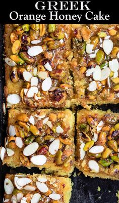 orange honey cake with almonds and pistachio nuts on top is cut into squares