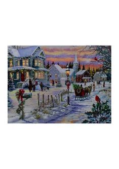 a painting of a christmas scene with people walking in the snow and horse drawn sleighs