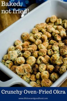 a white dish filled with crumby oven fried okra