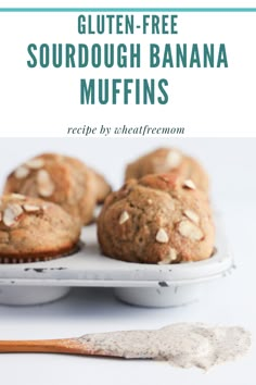 gluten - free sourdough banana muffins recipe on a plate with a spoon