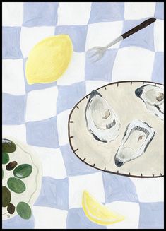 an image of a painting with lemons and other food items on checkered table cloth