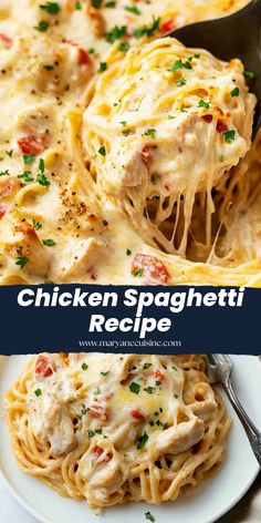 chicken spaghetti recipe in a white bowl with a serving spoon and title text above it