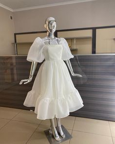 Korean Dress Elegant, White Organza Dress, Party Dresses Short, Midi Prom Dress, Simple Frock Design, A Line Prom Dress, Dress With Puff Sleeves