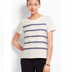 Size Large, Nwt $69.50. Casting Call: Our Modern Take On The Striped Shirt Is A Fashion Must, Playfully Embroidered In A Twisted Rope Motif. Jewel Neck. Short Sleeves. Back Button Placket. Beige T-shirt For Spring Workwear, Casual Beige T-shirt For Work, Beige T-shirt For Workwear In Spring, Cream Cotton Tops For Workwear, Chic White T-shirt For Workwear, Chic White T-shirt For Office, Stripe Tee, Taylor White, Casting Call