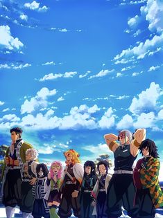 anime characters standing in front of a blue sky