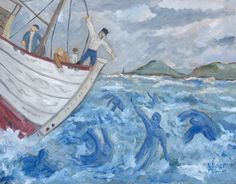 a painting of people on a boat in the ocean