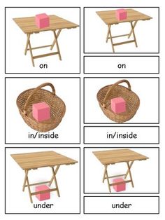 four different types of chairs and tables with pink cubes on the top, in / outside, under, or inside