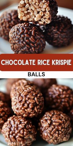 chocolate rice krispie balls stacked on top of each other with the title above it