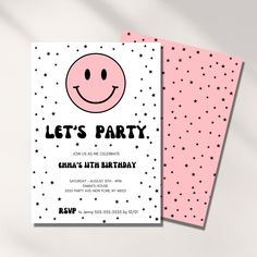 a pink and black birthday party card with a smiley face on the front, stars in the background