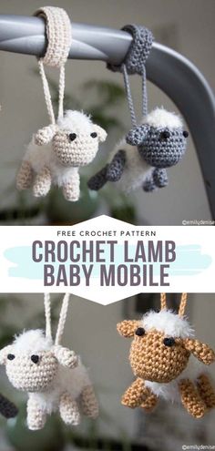 crochet lamb baby mobile with text overlay that says free crochet pattern