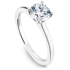 a white gold engagement ring with a round cut diamond in the center, on a plain band