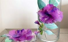 two purple flowers are in a glass vase