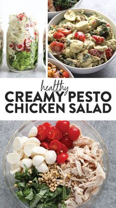 this healthy creamy pesto chicken salad is loaded with fresh ingredients and ready to be eaten