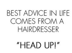 a quote that reads, best advice in life comes from a hairdresser head up