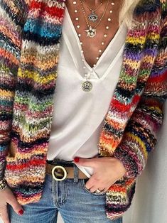 Women's Casual Spring/Fall Multicolor Block Yarn/Wool Yarn Cardigan 2020s Fashion, Slim Cardigan, Sweater And Jeans, Rainbow Cardigan, Pocket Sweater, Colored Cardigans, Cardigan Sweater Coat, Long Sweaters Cardigan, Casual Stripes