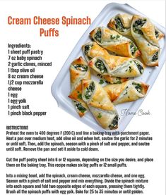 the recipe for cream cheese spinach puffs is shown in an advertisement with instructions on how to make them