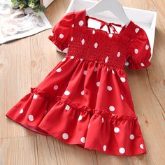 Size: 2t 3t 4t 5t 6 7; Material: Cotton; Care: Machine Wash Polka Dot Dress Summer, Girls Polka Dot Dress, Baby Princess Dress, Red Polka Dot Dress, Summer Baby Clothes, Girls Casual Dresses, Girl Princess Dress, Girls Dresses Summer, Frock Design