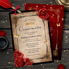 a red and gold quinceaue wedding card with roses on the front, surrounded by confetti