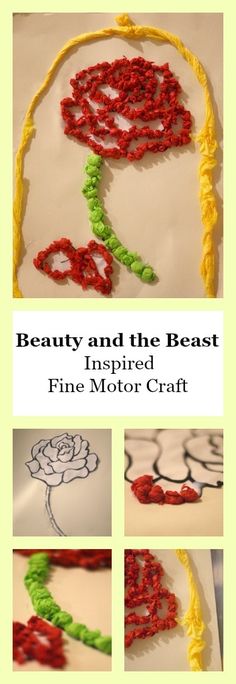 an image of a flower made out of yarn and beads with the title beauty and the beast inspired fine motor craft