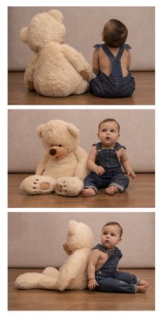 a baby sitting on the floor next to two teddy bears