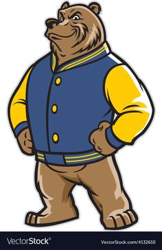 a cartoon bear wearing a blue and yellow jacket